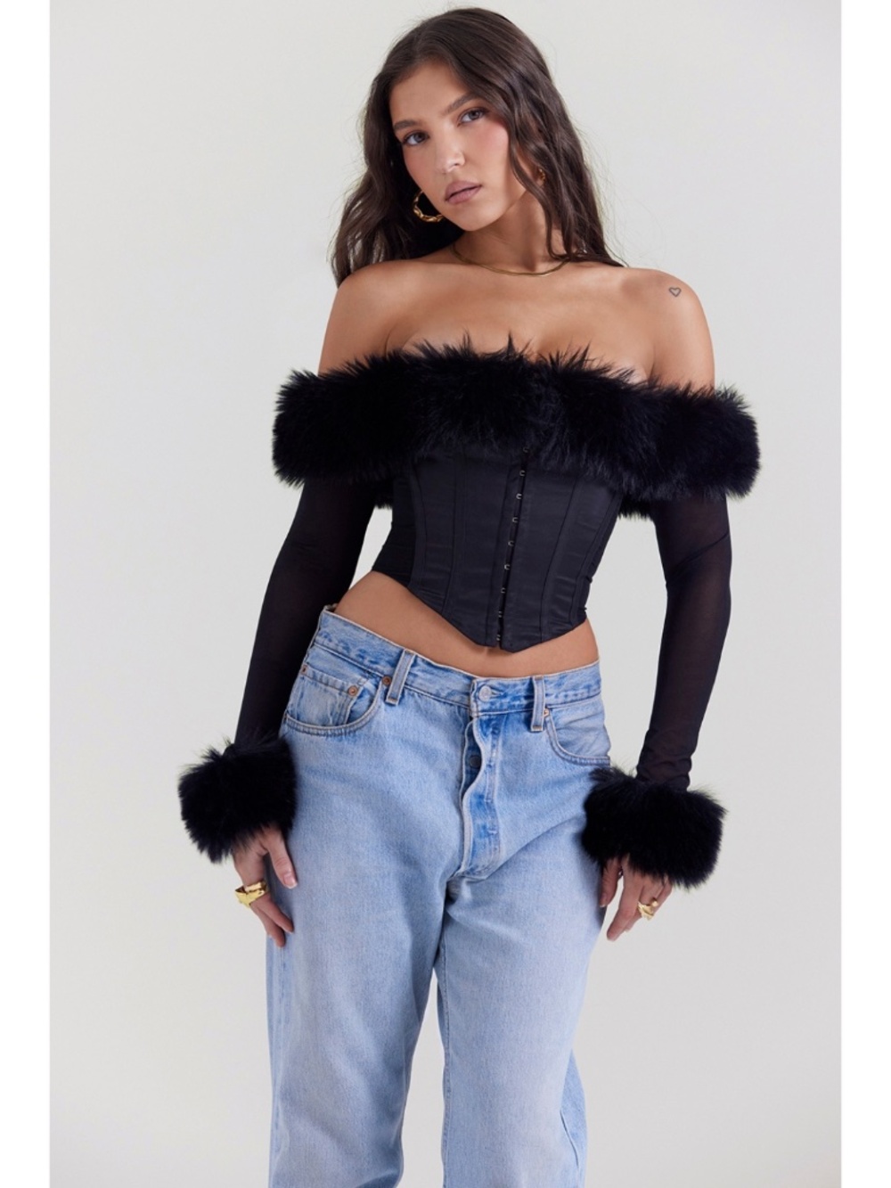 NEW House of CB Merle Faux Fur Trim Top Black XS